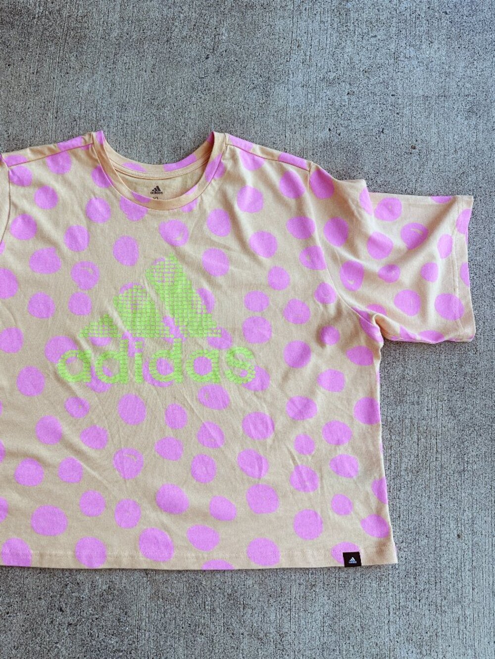 Adidas x Farm Rio Pink Citron Polka Dot Graphic Cropped Boxy Tee Sz XL